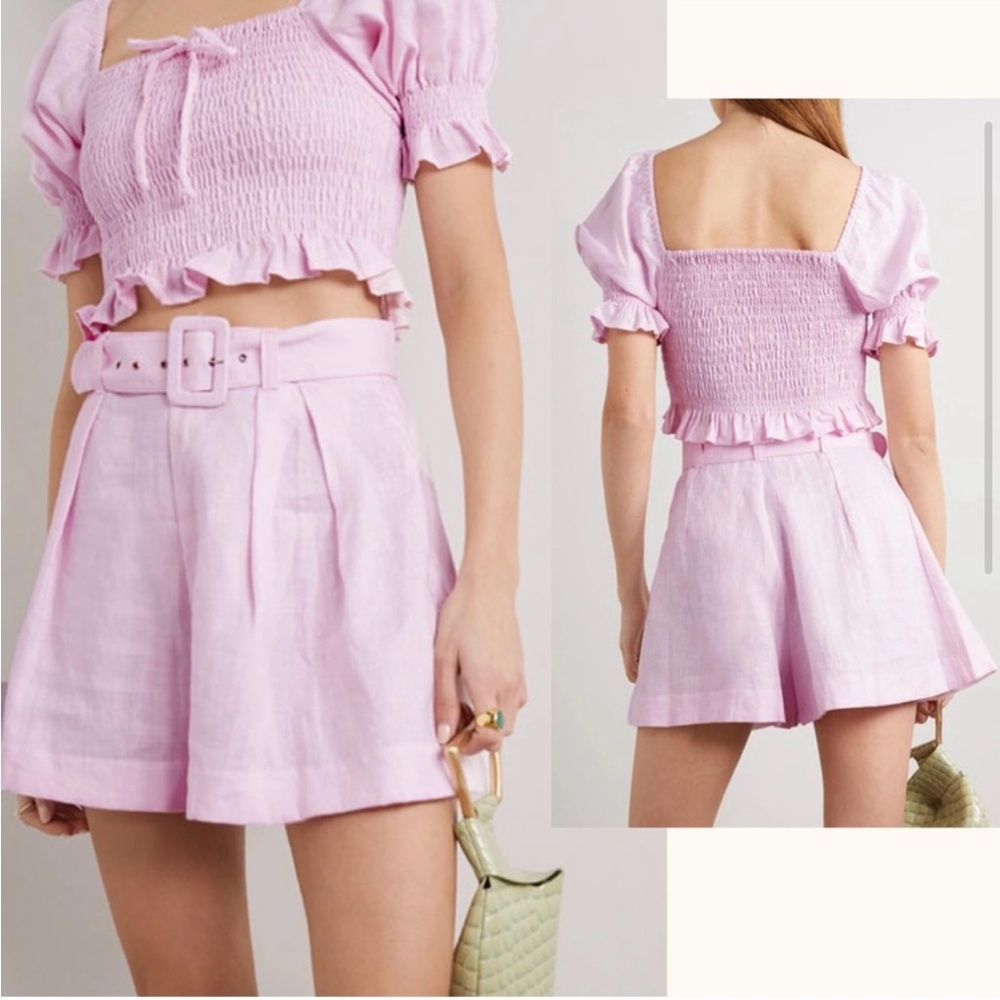 Faithful the Brand Priscilla Light Pink High Waisted Pleated Belted Linen Shorts